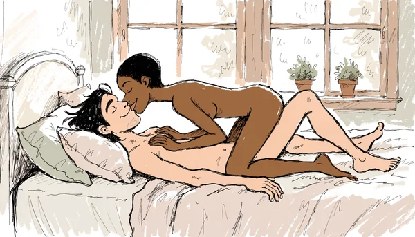 Fellation, homme nu allongé sur le dos tandis que sa partenaire nue est positionnée au-dessus de lui, dominant la scène