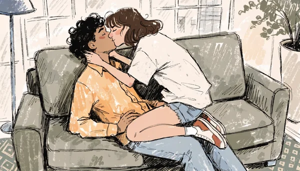 Homme et femme s'embrassant passionnément, elle assise sur les cuisses de l'homme, frottant son bassin contre le sien, tous deux habillés en tenue décontractée