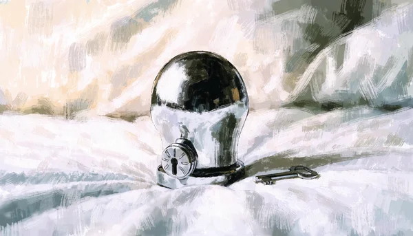 Gros plan sur un dispositif de chasteté masculin en métal fermé, posé sur un drap blanc, avec une clé posée juste à côté