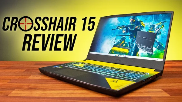 Le MSI Crosshair 15 avec une scène de jeu colorée à l'écran, présenté lors d'un test sur fond jaune-vert.