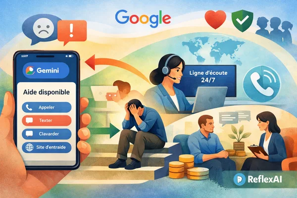 Illustration du système d'aide de Gemini connectant un utilisateur en détresse à des ressources de soutien.