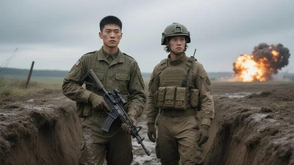 Deux soldats côte à côte dans une tranchée boueuse en Corée, l'un en uniforme sud-coréen, l'autre en tenue tactique occidentale, regards déterminés, ciel gris et explosions lointaines
