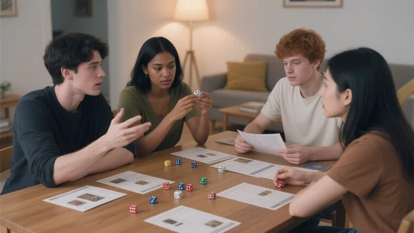 Groupe de quatre jeunes adultes assis autour d'une table en bois, feuilles de personnage et dés éparpillés, l'un d'eux parle en gesticulant, lumière chaleureuse d'un salon