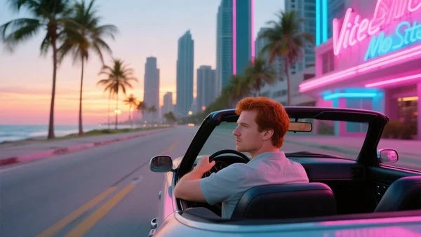 Vue rapprochée d'un personnage masculin regardant au loin depuis une voiture décapotable sur une route côtière de Vice City, palmiers et gratte-ciel au coucher du soleil, ambiance néon rétro