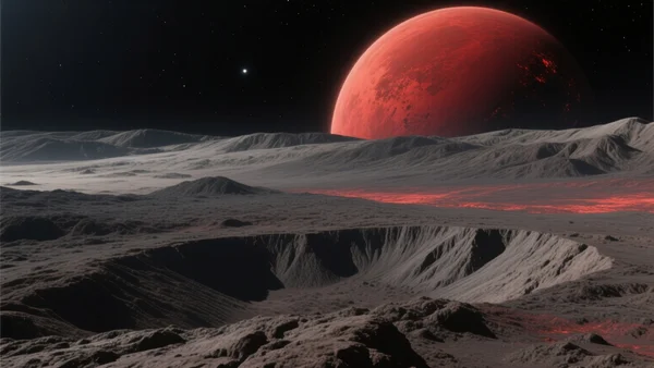 Surface sombre et accidentée d'une exoplanète rocheuse sous une lumière rougeâtre d'étoile naine, ciel noir constellé d'étoiles lointaines, planète stérile avec des crevasses et des plaines volcaniques
