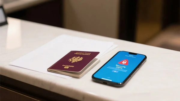 Premier plan d'un passeport français ouvert posé sur un comptoir d'hôtel, à côté d'un smartphone affichant une notification d'alerte de sécurité, éclairage tamisé de hall d'hôtel
