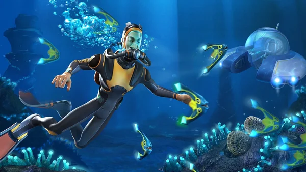 Une scène sous-marine avec un plongeur et des équipements technologiques, potentiellement liée aux indices de Subnautica 2 trouvés dans le premier jeu.