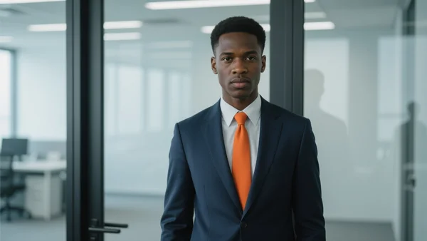 Jeune homme d'origine africaine en costume-cravate debout devant une porte vitrée d'entreprise, expression déterminée, lumière neutre de bureau