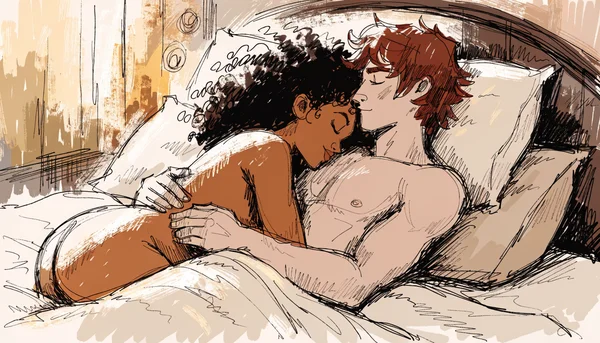 Couple nu enlacé tendrement sur un lit, la femme posant sa tête sur l'épaule de son partenaire, ambiance sereine et protectrice