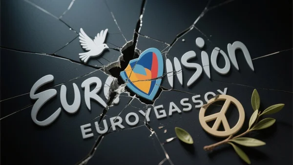 Logo de l'Eurovision fissuré, fond sombre, éclairage dramatique, symboles de paix brisés