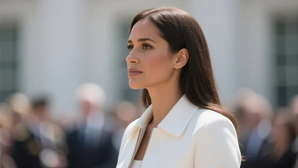 Portrait de Meghan Markle regardant au loin, expression sérieuse, cheveux bruns lissés, veste blanche, fond flou d'un événement officiel, lumière naturelle douce