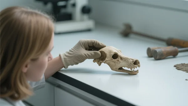 Main gantée tenant délicatement un os de chien antique sur une table de laboratoire archéologique, éclairage froid et précis, arrière-plan flou avec outils de fouille