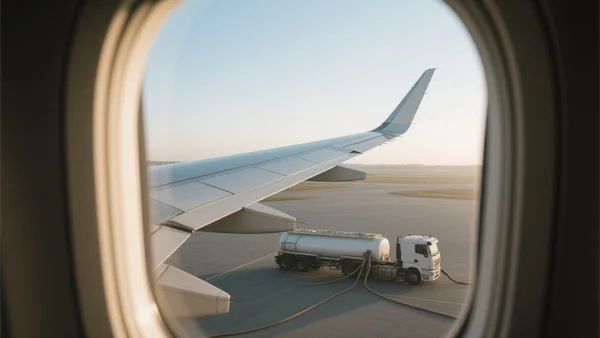 Aile d'avion de ligne vue du hublot avec un réservoir de kérosène en cours de ravitaillement sur un tarmac, lumière du matin, reflets métalliques