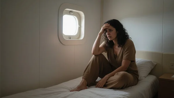 Femme de 34 ans assise sur un lit de cabine de bateau, main sur le front, regard inquiet, lumière tamisée