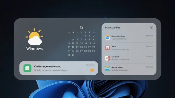 Capture d'écran du panneau de widgets Windows 11, icône météo, calendrier et notifications, design minimaliste sur fond de bureau sombre