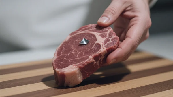 Gros plan sur une main tenant un steak haché cru, un petit fragment métallique brillant visible à la surface, éclairage cru de cuisine, fond de planche à découper en bois