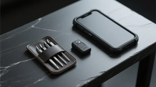 Un assortiment d'outils de malveillance posés sur une table sombre : un kit de crochetage avec des pics en métal, un petit traceur GPS magnétique noir et un téléphone portable au design industriel sans logo, éclairage contrasté et froid