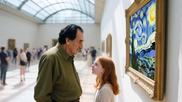 Vue en plongée d'une salle du Musée d'Orsay, un grand-père et sa petite-fille debout devant un tableau de Van Gogh, la lumière traversant la verrière, d'autres visiteurs flous en arrière-plan
