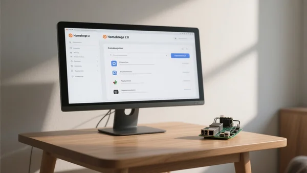 Écran d'ordinateur affichant l'interface de Homebridge 2.0 avec un menu de configuration, à côté d'un Raspberry Pi posé sur une table en bois, éclairage naturel
