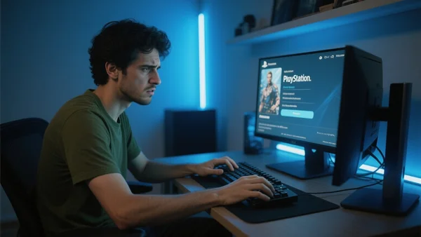 Joueur PC assis devant un écran affichant le menu de jeu PlayStation, mains sur le clavier, expression frustrée, pièce faiblement éclairée par des néons bleus