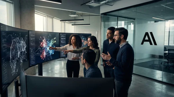 L'équipe d'Anthropic collaborant autour d'écrans de données et de code.