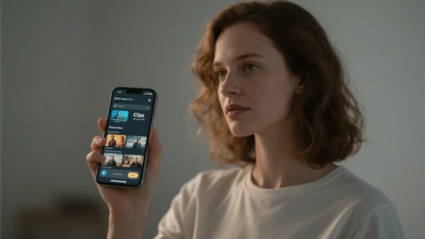 Smartphone tenu à la verticale affichant le flux Clips de Prime Video, avec des vignettes de séries et films défilant sous le pouce, fond d'écran d'accueil flou, éclairage ambiant tamisé