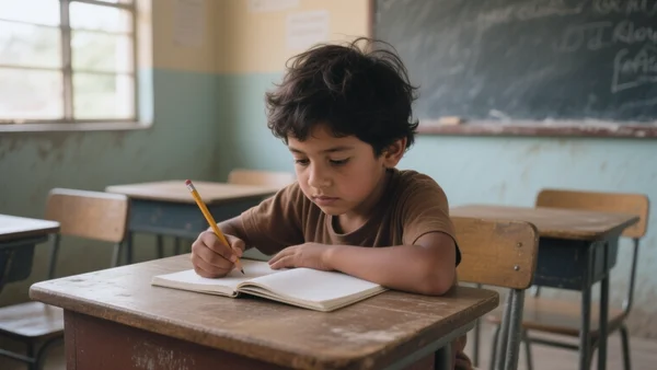 Enfant mexicain assis à un pupitre en bois dans une salle de classe modeste, cahier ouvert, regard concentré