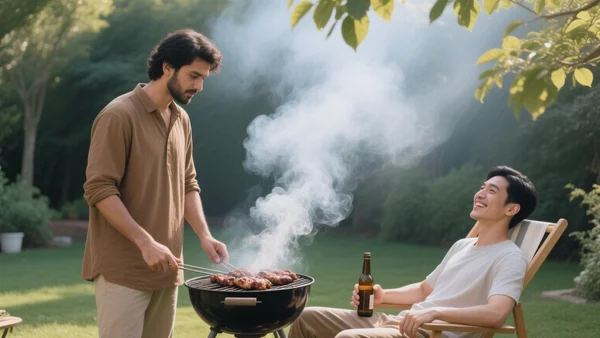 Deux hommes discutant autour d'un barbecue dans un jardin, viande sur la grille, fumée, ambiance conviviale