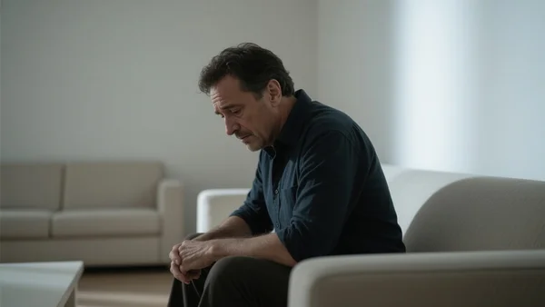 Jean Reno assis seul sur un canapé dans un salon vide, regard baissé, lumière tamisée, expression d'accablement et de lassitude
