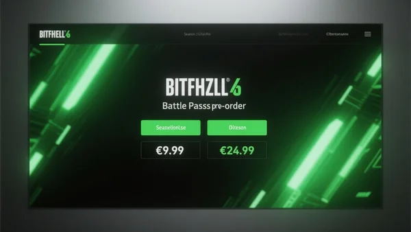 Écran de jeu Battlefield 6 montrant l'interface de précommande du Battle Pass Saison 3 avec prix de 9,99€ et 24,99€, fond sombre et effets lumineux verts