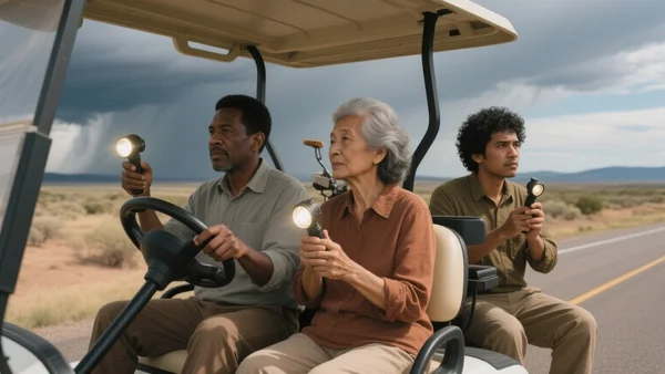 Trois retraités en voiturette de golf roulant dans une résidence ensoleillée du Nouveau-Mexique, un ciel d'orage menaçant à l'horizon, lampes torches à la main, expressions déterminées