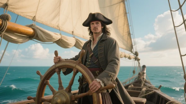 Edward Kenway debout à la barre de son navire le Jackdaw, mer turquoise et ciel nuageux, voiles gonflées par le vent, lumière dorée de fin d'après-midi