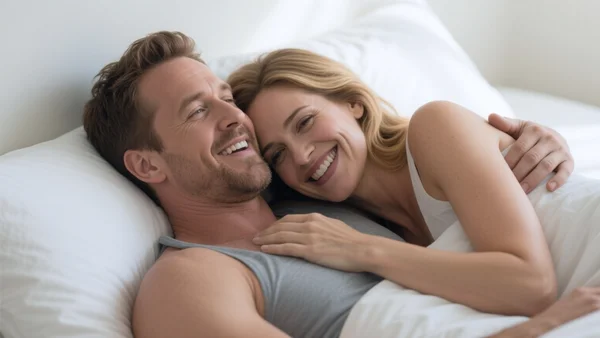 Ryan Reynolds et Sandra Bullock enlacés sur un lit, souriant, chambre baignée de lumière naturelle, plan rapproché