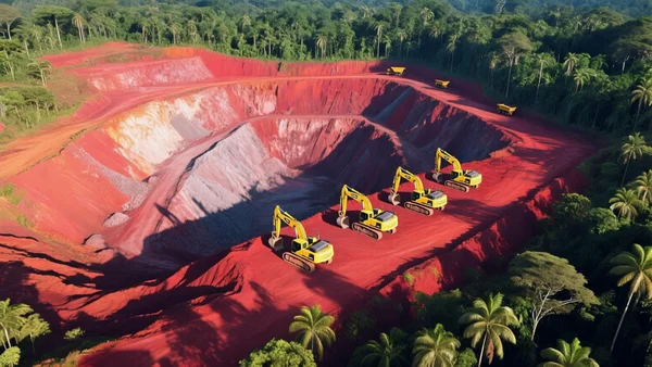 Vue aérienne d'une mine de nickel à ciel ouvert à Madagascar, avec des engins de chantier jaunes et des terrassements rouges, contraste entre la forêt tropicale et le sol excavé