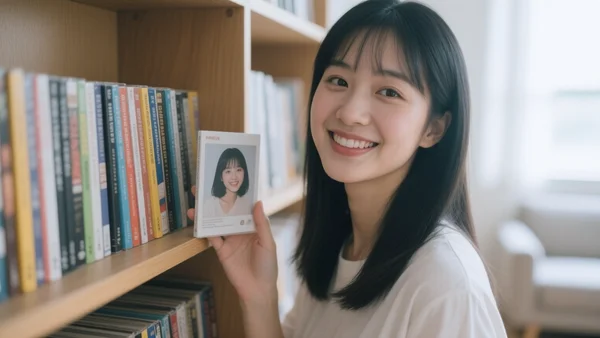 Jeune femme souriant devant une étagère remplie de DVD, tenant une jaquette de film réimprimée avec sa propre photo, lumière naturelle du salon