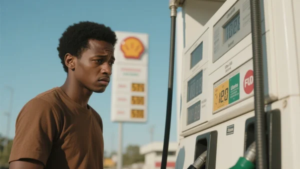 Un jeune homme faisant le plein d'essence dans une station-service, regardant l'affichage des prix avec une expression soucieuse, lumière du jour