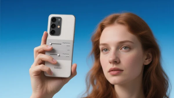 Main tenant un Galaxy S26, le panneau de contrôle déroulé montrant les curseurs de luminosité et volume, fond d'écran bleu dégradé
