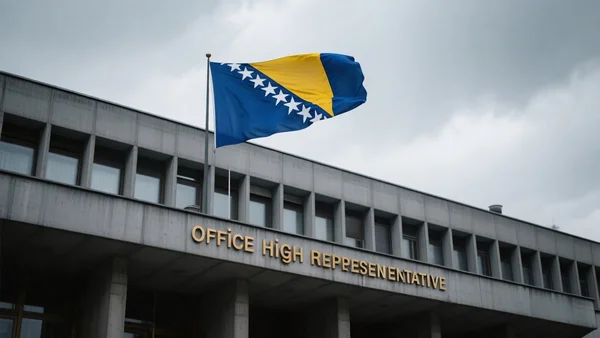 Façade austère du bâtiment du Bureau du Haut Représentant à Sarajevo, drapeau bosnien flottant au vent, ciel gris et lourd