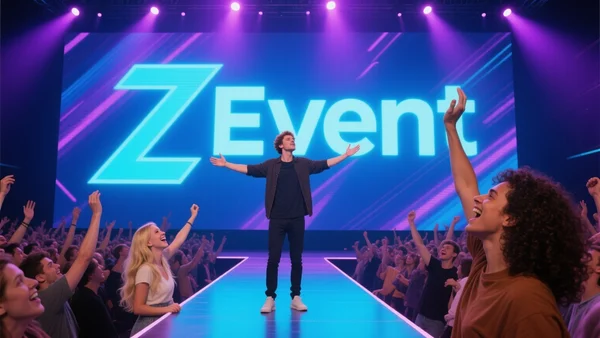 ZeratoR sur scène devant un écran géant affichant le logo ZEvent, foule de spectateurs levant les bras, lumières bleues et violettes