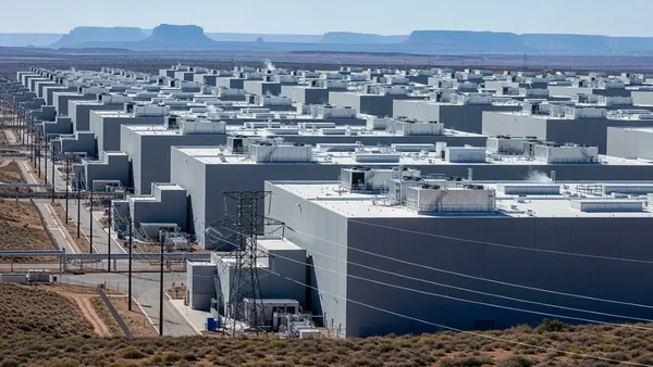 Vue panoramique d'un gigantesque centre de données dans le désert, illustrant son ampleur.