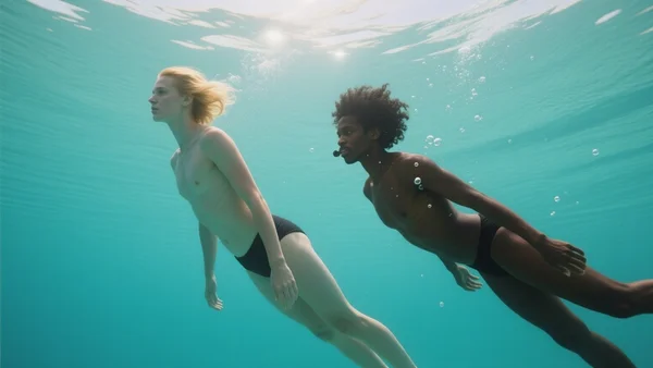 Deux plongeurs en apnée descendant dans une eau turquoise, corps silhouettés par la lumière du soleil filtrant à la surface, bulles d'air s'élevant autour d'eux