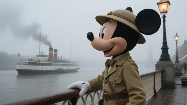 Mickey en tenue d'aventurier victorien, debout sur un quai brumeux de Londres au 19e siècle, regardant un bateau à vapeur, ciel gris et réverbères allumés