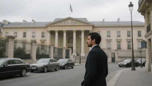 Façade du Conseil constitutionnel à Paris, rue Montpensier, avec des véhicules circulant dans la rue sous un ciel nuageux