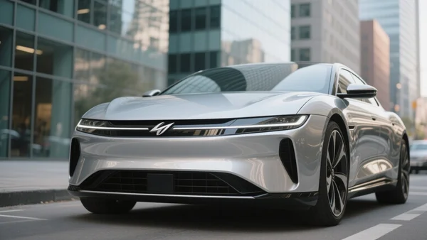 Vue rapprochée de la calandre et du logo d'une berline électrique Lucid Air garée dans une rue urbaine, reflets de lumière sur la carrosserie argentée, arrière-plan flou de bâtiments modernes
