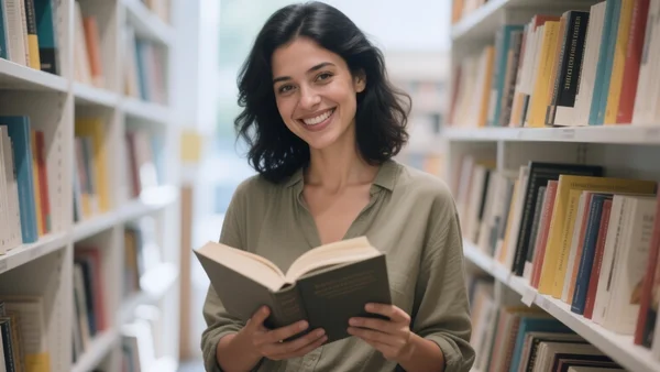 Femme souriante tenant un livre ouvert dans une librairie ensoleillée, étagères de livres colorés en arrière-plan, lumière naturelle chaude