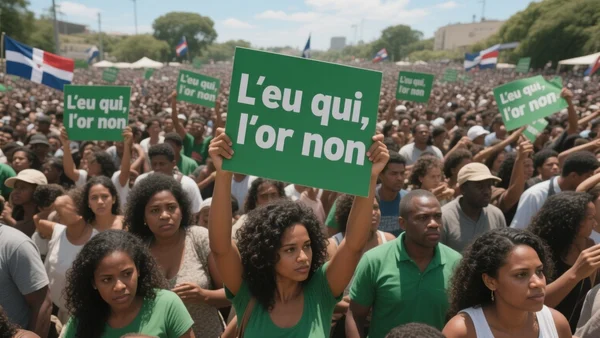 Foule de manifestants dominicains brandissant des pancartes vertes avec le slogan 'L'eau oui, l'or non' sous un ciel ensoleillé, vue plongeante sur la foule compacte