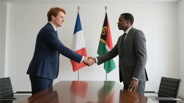 Deux diplomates en costume serrant la main autour d'une table de réunion, drapeaux français et vanuatais en arrière-plan, salle lumineuse