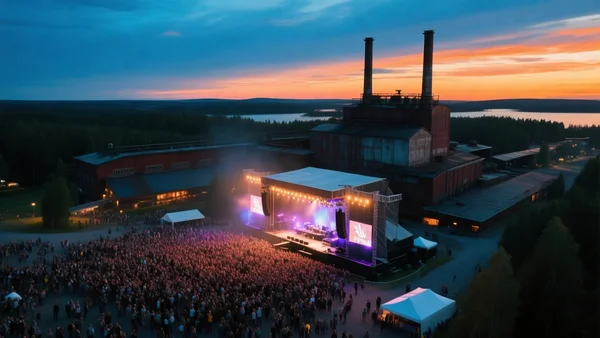 Vue aérienne du site de Suvilahti pendant le Flow Festival, ancienne centrale électrique industrielle transformée en scène de concert, avec une grande scène illuminée et une foule dense au coucher du soleil, ciel nordique bleu et orange