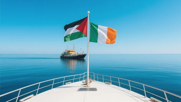 Bateau de la flottille humanitaire en Méditerranée, ciel bleu, drapeaux palestiniens et irlandais visibles sur le pont, mer calme, plan large