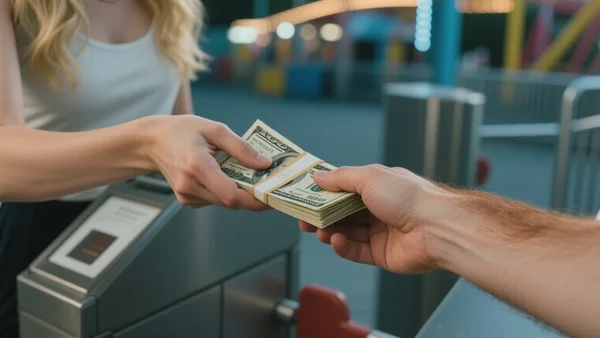 Gros plan sur des mains échangeant des billets pliés devant un tourniquet d'accès à un parc d'attractions, lumière artificielle, ambiance furtive